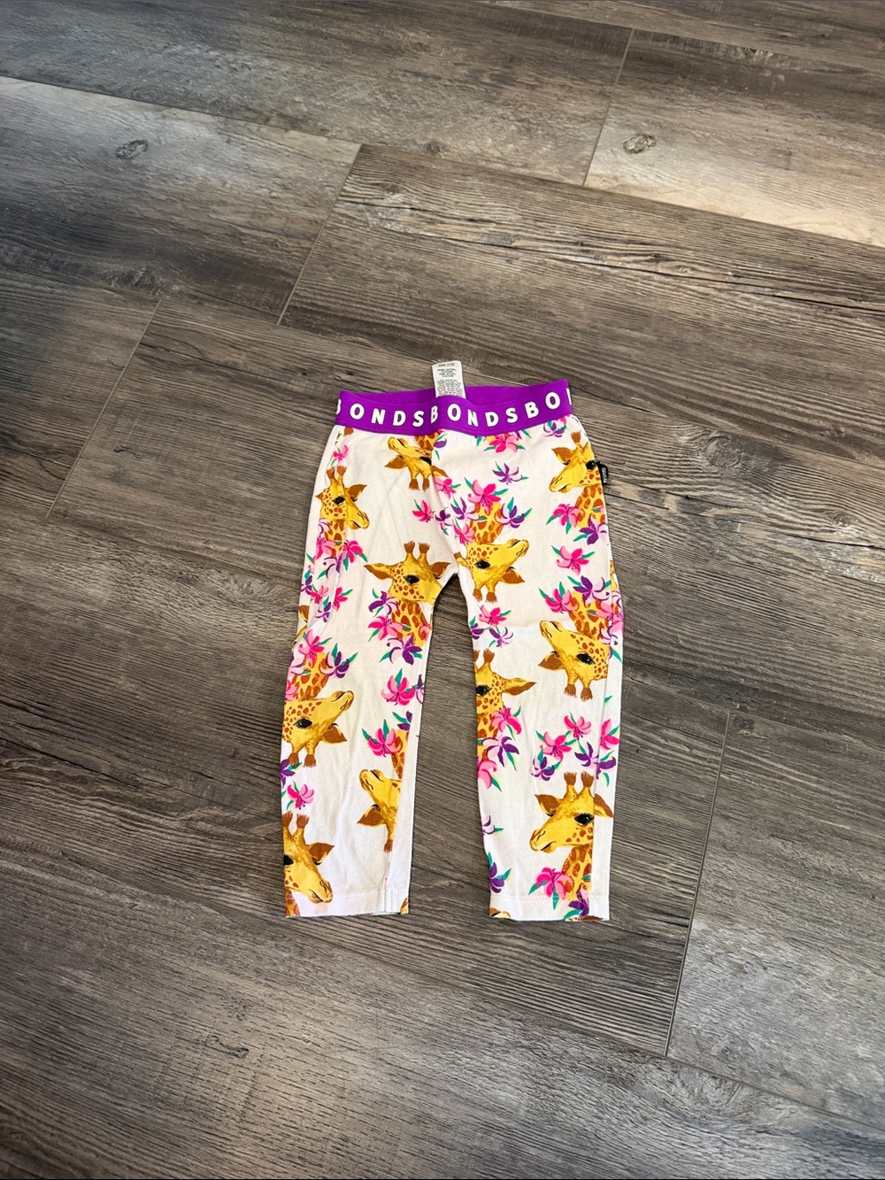 Bonds White Leggings with Yellow Giraffe and Purple Waistband